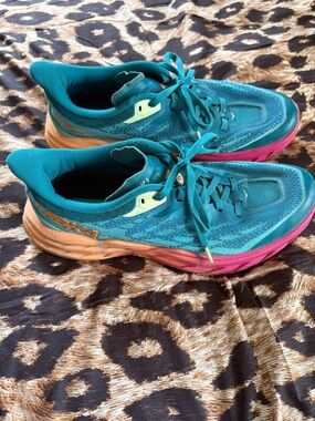 Hoka Women's Teal Running Shoes with Pink and Cream Accents